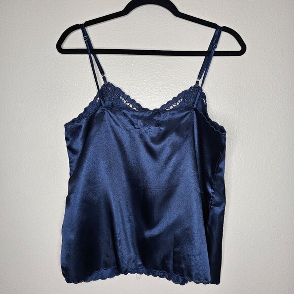 Vintage 90s L Silk Camisole Tank Top Blue Whimsigoth Embroidered Floral Satin - Picture 5 of 7